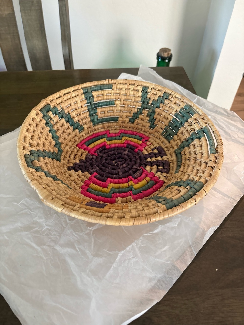 Vintage Toluca Coil Hand Woven Basket Mexican Decor Spiraling Design Colorful